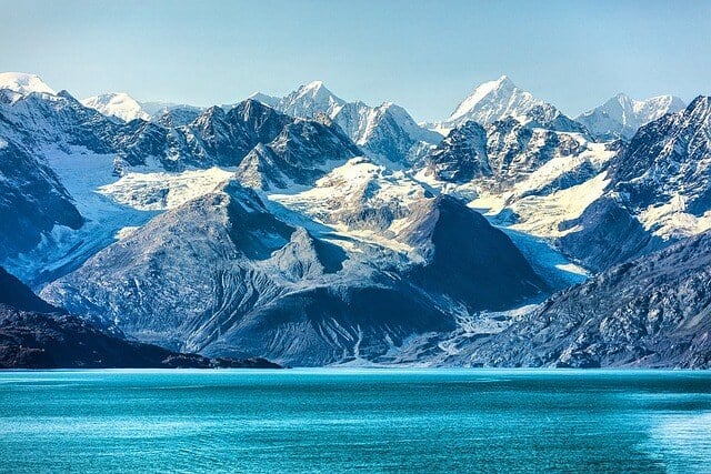 Scenic view of Alaskan mountains with the sea